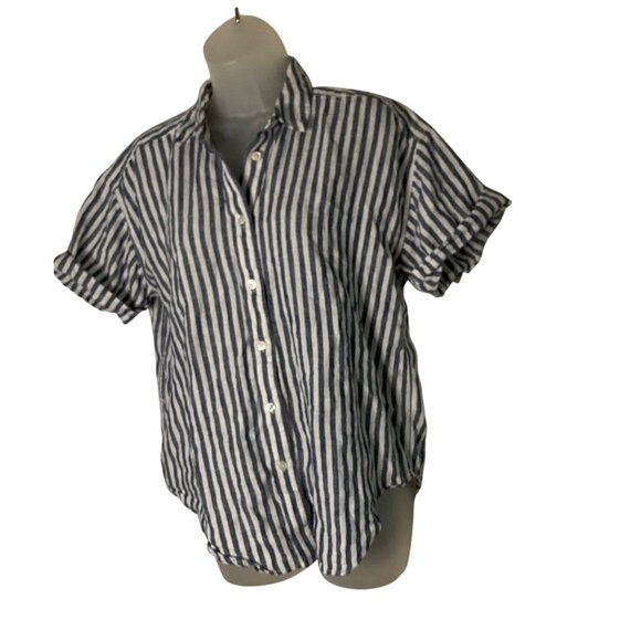 J.Crew Womens XS Relaxed Fit Blue & White Striped Linen Button-Up Shirt coastal - Picture 6 of 8